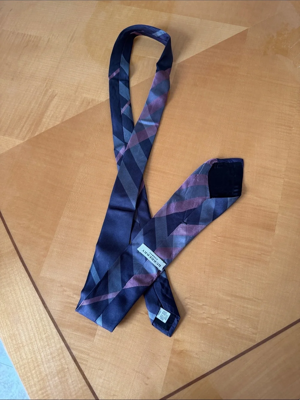 Burberry Navy Plaid Silk Tie with Blue and Purple Accents